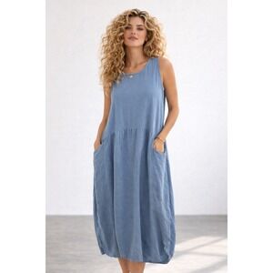 Saga Italy Womens Blue 100% Cotton Bubble Art Dress Boho Lagenlook Pockets M